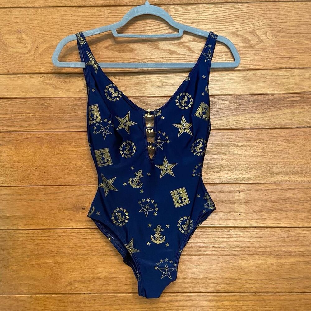 Vintage 80s La Blanca gold anchor star print swimsuit